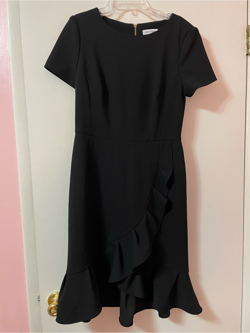 Calvin Klein black women’s midi dress with asymmetrical ruffle detail